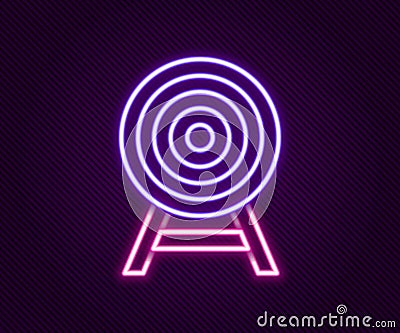 Glowing neon line Target with arrow icon isolated on black background. Dart board sign. Archery board icon. Dartboard Vector Illustration