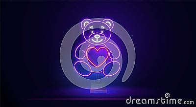 The glowing neon line of a teddy bear is a plush toy icon with a heart on the sideboard, isolated on a dark background Vector Illustration