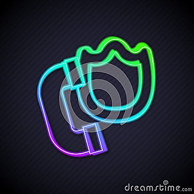 Glowing neon line Telephone handset with security shield icon isolated on black background. Phone sign. Vector Vector Illustration