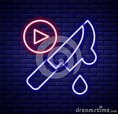 Glowing neon line Thriller movie icon isolated on brick wall background. Bloody knife. Suspenseful cinema genre Vector Illustration