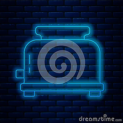 Glowing neon line Toaster with toasts icon isolated on brick wall background. Vector Vector Illustration