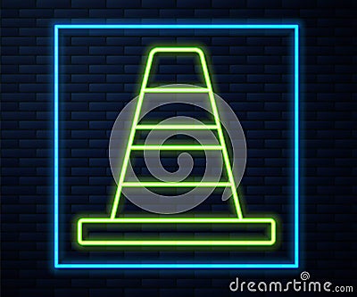 Glowing neon line Traffic cone icon isolated on brick wall background. Vector Vector Illustration