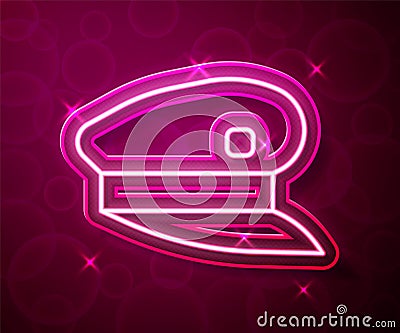 Glowing neon line Train driver hat icon isolated on red background. Vector Vector Illustration