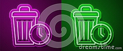 Glowing neon line Waste of time icon isolated on purple and green background. Trash can. Garbage bin sign. Recycle Stock Photo
