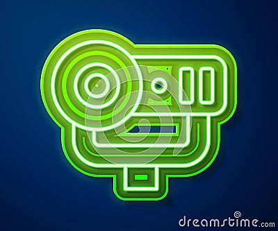 Glowing neon line Web camera icon isolated on blue background. Chat camera. Webcam icon. Vector Vector Illustration