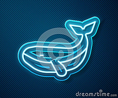 Glowing neon line Whale icon isolated on blue background. Vector Vector Illustration