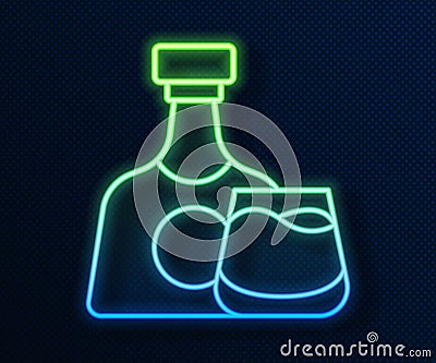 Glowing neon line Whiskey bottle and glass icon isolated on blue background. Vector Vector Illustration