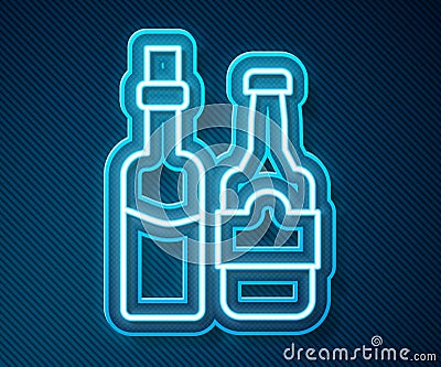 Glowing neon line Whiskey bottle icon isolated on blue background. Vector Vector Illustration