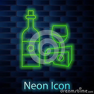 Glowing neon line Wine bottle with glass and cheese icon isolated on brick wall background. Romantic dinner. Vector Vector Illustration