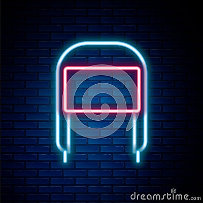 Glowing neon line Winter hat with ear flaps icon isolated on brick wall background. Colorful outline concept. Vector Vector Illustration