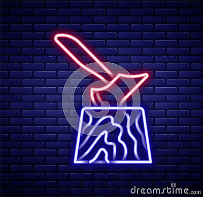 Glowing neon line Wooden axe in stump icon isolated on brick wall background. Lumberjack axe. Axe stuck in wood Stock Photo