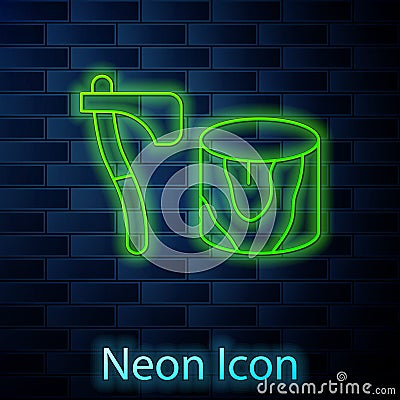 Glowing neon line Wooden axe in stump icon isolated on brick wall background. Lumberjack axe. Axe stuck in wood Vector Illustration