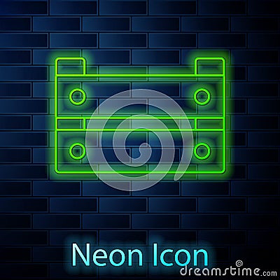 Glowing neon line Wooden box icon isolated on brick wall background. Grocery basket, storehouse crate. Empty wooden Vector Illustration