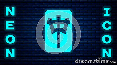 Glowing neon Mahjong pieces icon isolated on brick wall background. Chinese mahjong red dragon game emoji. Vector Vector Illustration