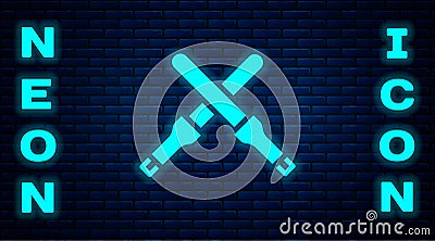 Glowing neon Marshalling wands for the aircraft icon isolated on brick wall background. Marshaller communicated with Vector Illustration