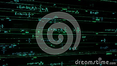 Glowing neon mathematics formulas flying chaotically on black background, seamless loop. Animation. Concept of exact Stock Photo