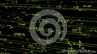 Glowing neon mathematics formulas flying chaotically on black background, seamless loop. Animation. Concept of exact Stock Photo