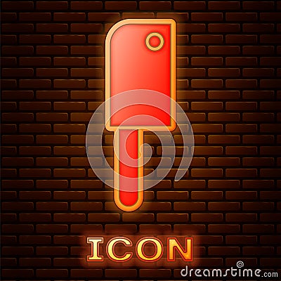Glowing neon Meat chopper icon isolated on brick wall background. Kitchen knife for meat. Butcher knife. Vector Vector Illustration