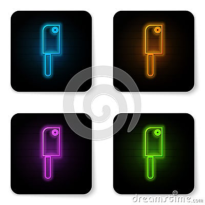 Glowing neon Meat chopper icon isolated on white background. Kitchen knife for meat. Butcher knife. Black square button Vector Illustration