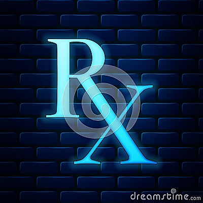 Glowing neon Medicine symbol Rx prescription icon isolated on brick wall background. Vector Vector Illustration