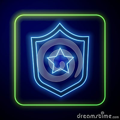 Glowing neon Military reward medal icon isolated on blue background. Army sign. Vector Vector Illustration