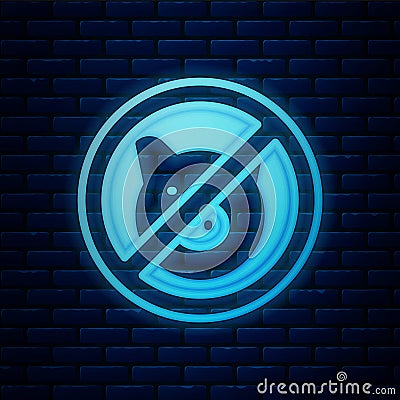 Glowing neon No pig icon isolated on brick wall background. Stop pork. Animal symbol. Vector Vector Illustration