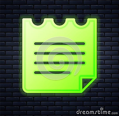 Glowing neon Notebook icon isolated on brick wall background. Spiral notepad icon. School notebook. Writing pad. Diary Stock Photo