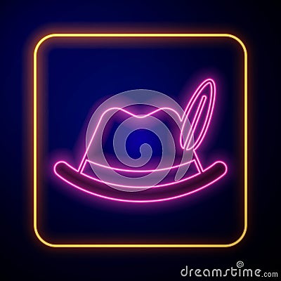 Glowing neon Oktoberfest hat icon isolated on black background. Hunter hat with feather. German hat. Vector Vector Illustration