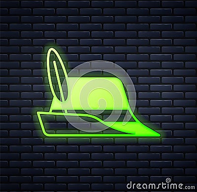Glowing neon Oktoberfest hat icon isolated on brick wall background. Hunter hat with feather. German hat. Vector Vector Illustration