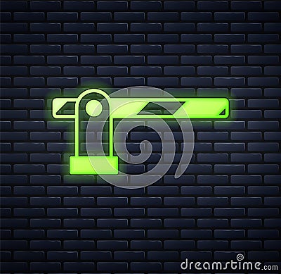 Glowing neon Parking car barrier icon isolated on brick wall background. Street road stop border. Vector Vector Illustration