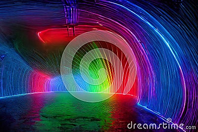 glowing neon pattern tunnel cave outerspace rainbow 3d space lines glow Stock Photo