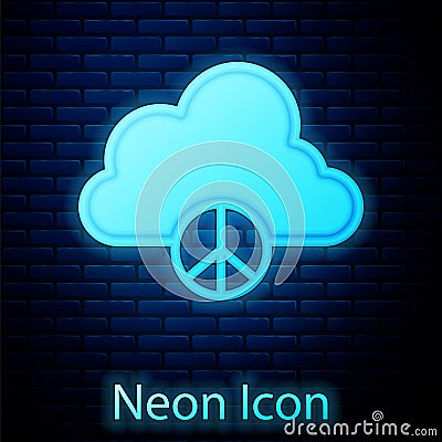 Glowing neon Peace cloud icon isolated on brick wall background. Hippie symbol of peace. Vector Vector Illustration