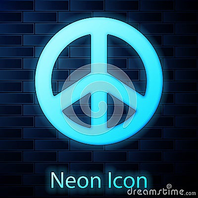 Glowing neon Peace icon isolated on brick wall background. Hippie symbol of peace. Vector Illustration Vector Illustration