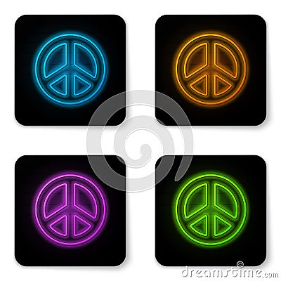 Glowing neon Peace icon isolated on white background. Hippie symbol of peace. Black square button. Vector Illustration Stock Photo