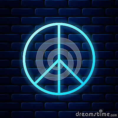 Glowing neon Peace sign icon isolated on brick wall background. Hippie symbol of peace. Vector Vector Illustration