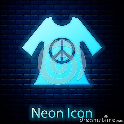 Glowing neon Peace symbol dress print stamp icon isolated on brick wall background. Vector Vector Illustration