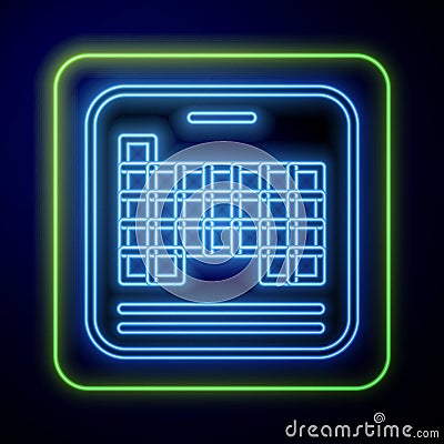 Glowing neon Periodic table of the elements icon isolated on blue background. Vector Stock Photo