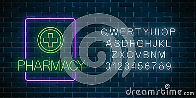 Glowing neon pharmacy signboard with alphabet. Illuminated drugstore sign with neon effect Vector Illustration