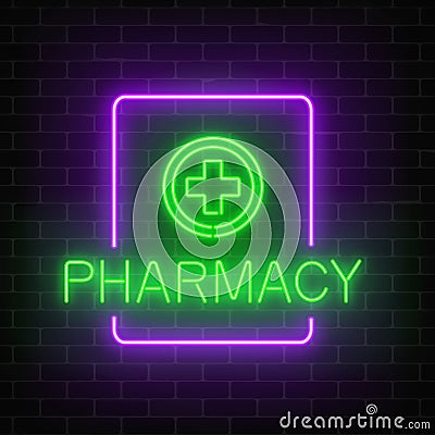 Glowing neon pharmacy signboard on a dark brick wall background. Illuminated drugstore sign with neon effect. Vector Illustration