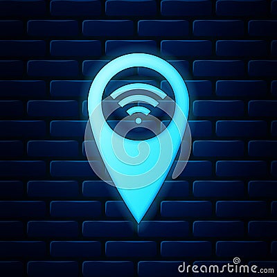 Glowing neon Pointer map with wifi internet signal connection icon isolated on brick wall background. Vector Vector Illustration