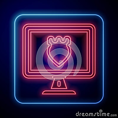 Glowing neon Police database icon isolated on blue background. Police badge on monitor screen. Online police service Vector Illustration