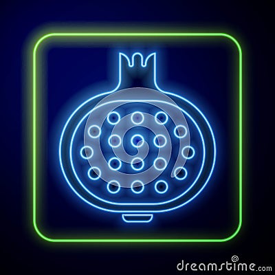 Glowing neon Pomegranate icon isolated on blue background. Garnet fruit. Vector Vector Illustration