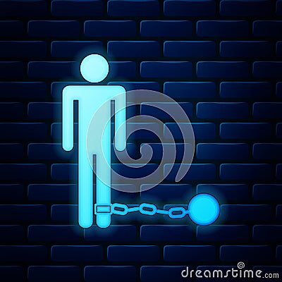 Glowing neon Prisoner with ball on chain icon isolated on brick wall background Vector Illustration