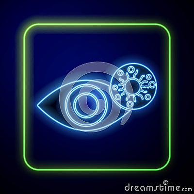 Glowing neon Reddish eye due to virus, bacterial or allergic conjunctivitis icon isolated on blue background Vector Illustration