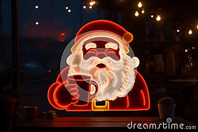 Christmas Glowing Neon Santa Claus coffee cup dark background, AI Generated Stock Photo