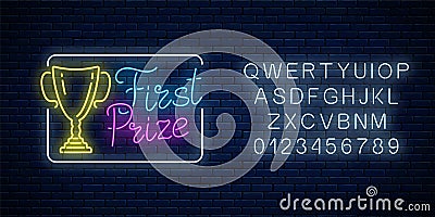 Glowing neon sign with award cup and first prize text in rectangle frame with alphabet. Winner cup trophy neon symbol Vector Illustration
