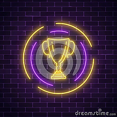 Glowing neon sign with award cup in round frame on dark brick wall background. Winner cup honorary trophy Vector Illustration