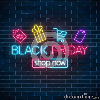 Glowing neon sign of black friday sale with shopping symbols. Seasonal sale web banner. Black friday light signboard. Vector Illustration