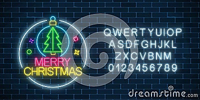 Glowing neon sign with christmas tree in christmas ball and alphabet. Christmas symbol web banner in neon style. Vector Illustration