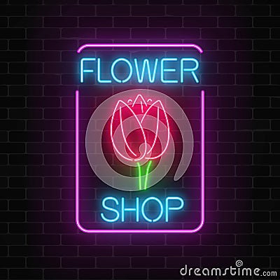 Glowing neon sign of floral shop in rectangle frame. Design of flower store signboard with tulip. Vector Illustration